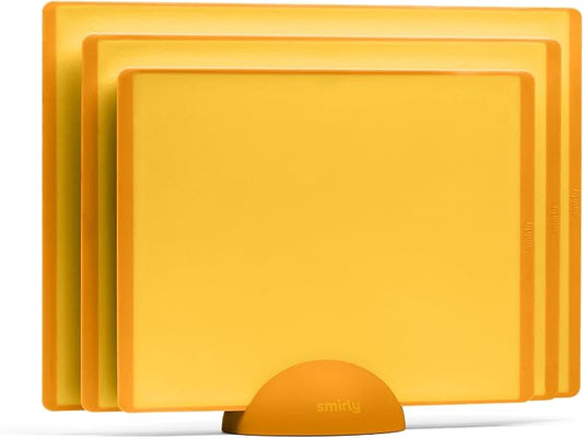 SMIRLY Plastic Cutting Board Set with Holder 3 Pieces, Non-Slip Dishwasher Safe Chopping Boards for Kitchen, Yellow by Smirly