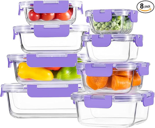 HOMBERKING 8 Pack Glass Food Storage Containers with Lids, Meal Prep Containers, Airtight Bento Boxes with Leak Proof Locking for Microwave, Oven, Freezer and Dishwasher, BPA Free, 5-35oz, purple by HOMBERKING