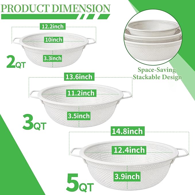 Colander Set with White Coating, Stainless Steel Micro-Perforated Colanders Strainers for Draining Rinsing Washing, Ideal for Vegetables Fruits, Heavy Duty & Dishwasher Safe - Image 2