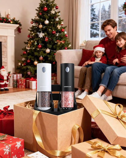 Electric Salt and Pepper Grinder Set - Automatic Refillable Salt and Pepper Grinders with Charging Base & LED Light, 6-Level Adjustable Coarseness with External Dial, Ideal Kitchen Gadget，Black& White - Image 2