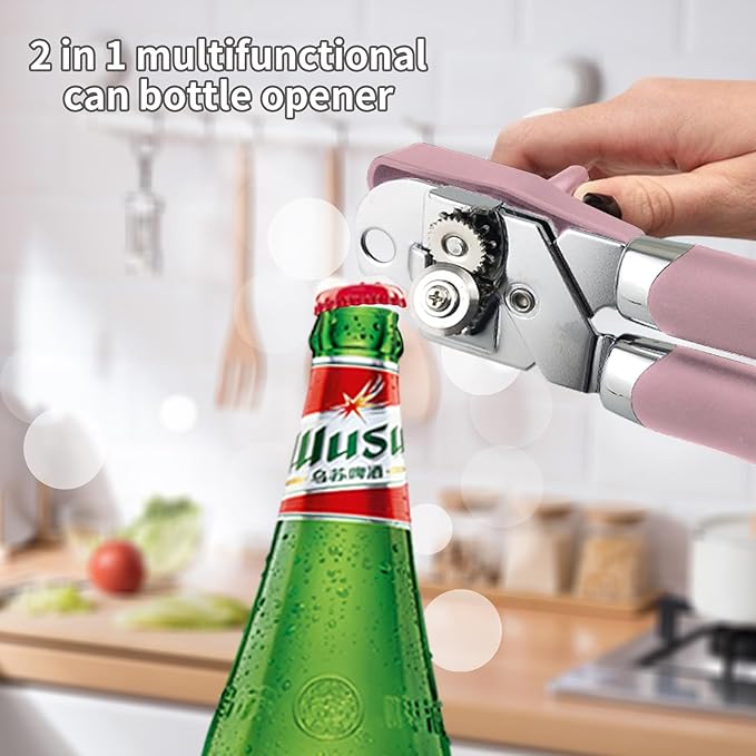 Safring Can Opener Manual, Handheld Strong Heavy Duty Stainless Steel Can Opener, Comfortable Handle, Sharp Blade Smooth Edge, Can Openers with Multifunctional Bottle Opener, Pink - Image 5