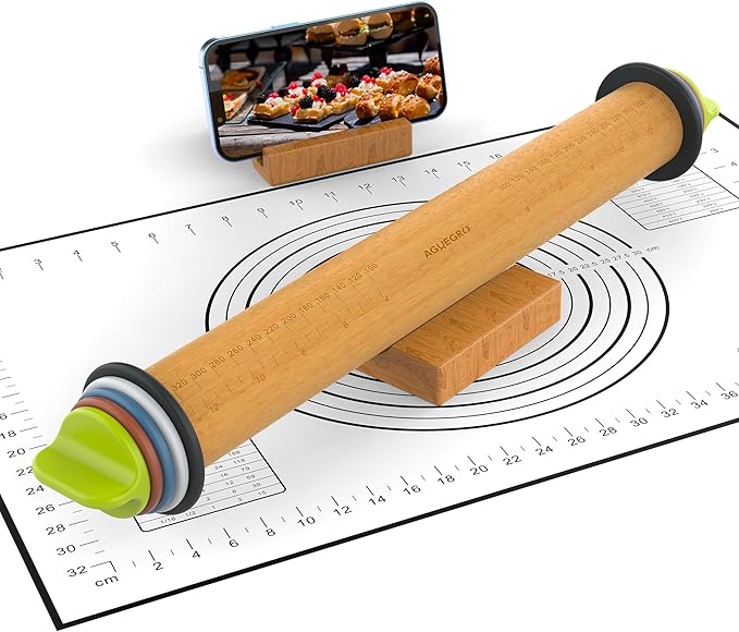 Rolling Pin with Adjustable Thickness Rings and Pastry Baking Mat Dough Thickness for Baking, Fondant, Pizza, Pie, Cookies, Pastries, 13.6" with 4 Multi-Color Thickness Rings and Wooden Stand by Aguegro