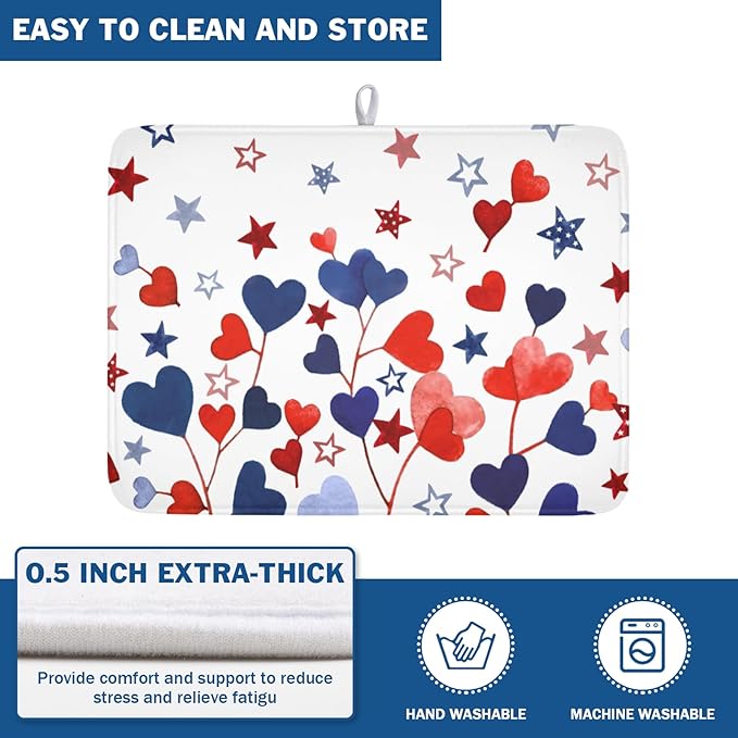 4th of July Dish Drying Mat for Kitchen Counter Patriotic Red Blue Star Love Heart Pattern Microfiber Dish Drainer Mat Independece Day Absorbent Washable Drying Pad Extra Large 18"x24"