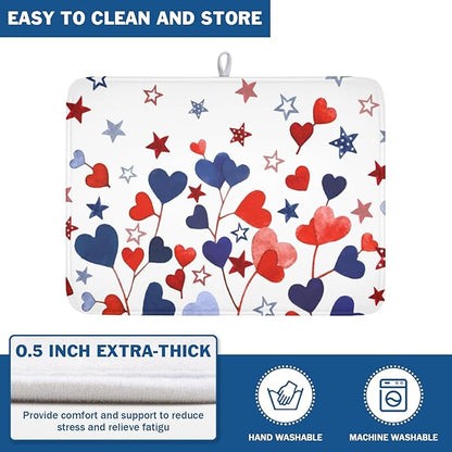4th of July Dish Drying Mat for Kitchen Counter Patriotic Red Blue Star Love Heart Pattern Microfiber Dish Drainer Mat Independece Day Absorbent Washable Drying Pad Extra Large 18"x24"