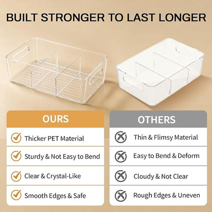 Mpotmiy 10 Pack Pantry Organizers and Storage,Clear Plastic Containers with 2 Dividers for Kitchen,Fridge Organization and Storage,Acrylic Bins for Pounches,Spice Packet,Snack organzier
