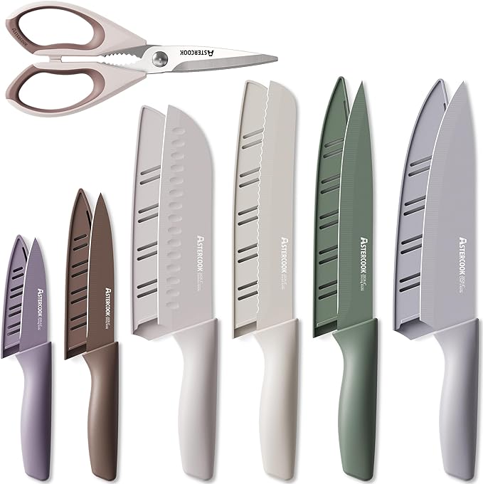 Astercook Knife Set, 13 Pieces Kitchen Knives Set with Healthy Anti-Rust Coating, Dishwasher Safe, Stainless Steel Chef Knife Sets with 6 Blade Guards, Perfect Mothers Day Gifts for Kitchen Morandi by Astercook