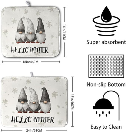 Winter Gnome Dish Drying Mat for Kitchen Counter 16x18 Christmas Snowflakes Santa Kitchen Drying Mat Hello Winter Dish Drainer Mat Super Absorbent Dish Rack Mat for Coffee Bar Countertop - Image 2