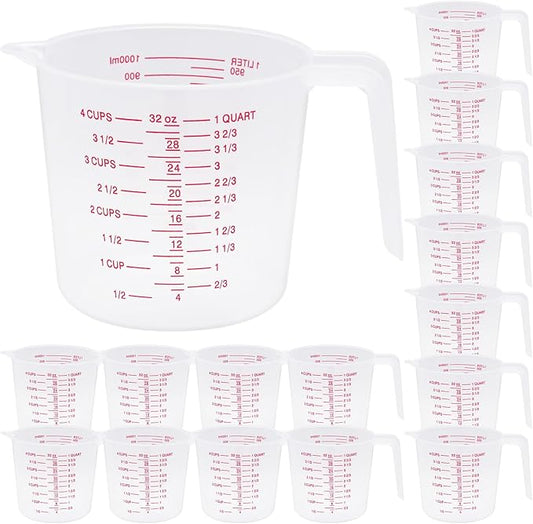 16 Pcs 4 Cup Capacity Plastic Measuring Cup, 32 Oz/1000 ml Clear Graduated Measuring Cups Plastic Mug with Spout and Handles Ounce and Ml Cup Marking for Recipe Ingredient, Flour, Water, Liquid