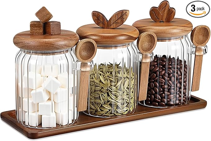 Suclain 3 Pcs Glass Coffee Container with Acacia Wood Lid & Spoon, 20.3 oz Airtight Glass Jar with Wooden Shelf, Food Storage Containers Coffee Jar Tea Container(Acacia Color) by Suclain