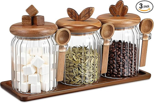 Suclain 3 Pcs Glass Coffee Container with Acacia Wood Lid & Spoon, 20.3 oz Airtight Glass Jar with Wooden Shelf, Food Storage Containers Coffee Jar Tea Container(Acacia Color) by Suclain