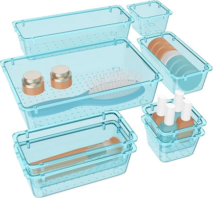 WOWBOX 8 PCS Plastic Drawer Organizer Set, 4 Sizes Desk Drawer Organization and Storage Containers for Makeup, Cosmetics, Jewelry and Gadgets in Kitchen, Bathroom, Bedroom, Office, Clear Sea Blue by WOWBOX