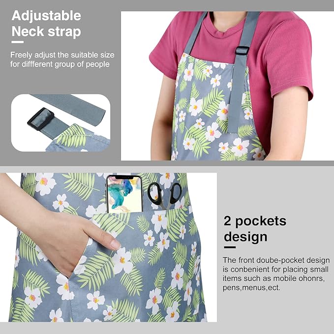 BOUMUSOE 3 Pack Floral Aprons with Pocket, Blooming Womens Aprons Waterproof Adjustable Cooking Apron for Kitchen Gardening - Image 5
