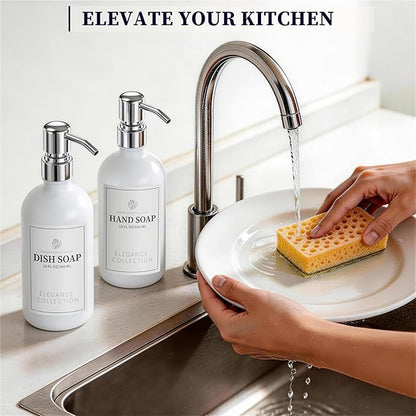 White Glass Soap Dispenser Set of 2, 16oz Hand and Dish Soap Dispenser for Kitchen & Bathroom, Silver Stainless Steel Pump, Non-Slip Base, 14 Waterproof Labels, Minimalist Decor - Image 6