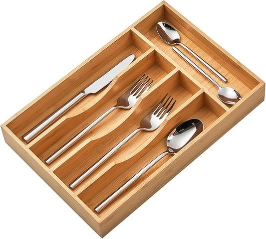 Umilife Bamboo Kitchen Drawer Organizer, 8.25 Inch Silverware Utensils Tray Holder for Small Drawer, Wood Caddy for Flatware Cutlery Knives by Umilife
