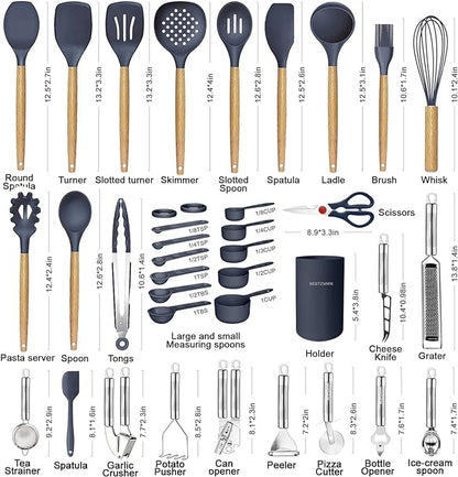 Cooking Utensils Set- 35 PCs Kitchen Utensils with Grater,Tongs, Spoon Spatula &Turner Made of Heat Resistant Food Grade Silicone and Wooden Handles Kitchen Gadgets Tools Set for Cookware - Image 2