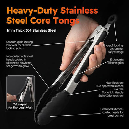 HST Tongs for Cooking with Silicone Tips(3 Pack), Non Stick Kitchen Tongs with Silicone Tip for Cooking BBQ Baking (9", Black) - Image 4