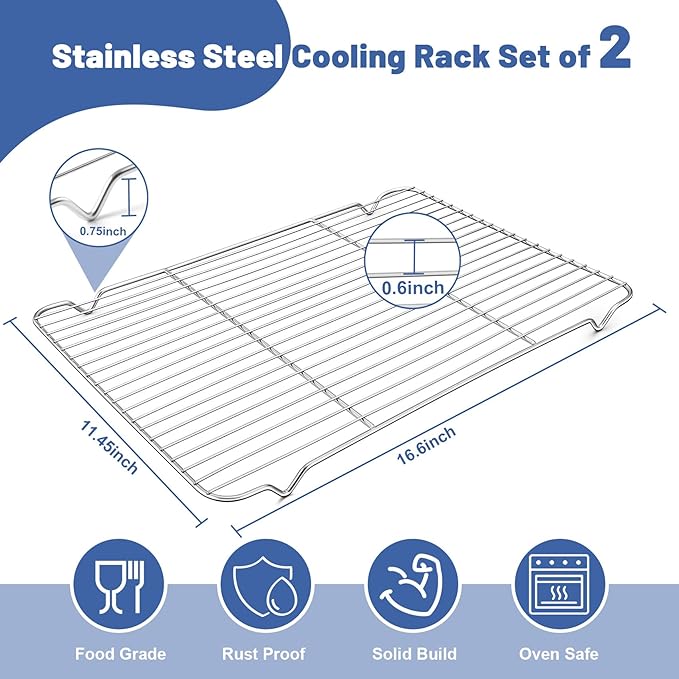 TeamFar Cooling Rack, 16.6” x 11.45” Stainless Steel Wire Baking Rack for Cooking Roasting Grilling, Fit for Oven Pan, Oven & Dishwasher Safe, Non-toxic & Heavy-Duty, 2PCS - Image 2