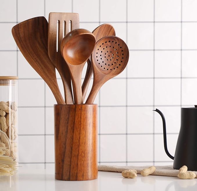 6Pcs Wooden Spoons for Cooking, Wood Kitchen Utensil Set with Holder, Natural Acacia Wood, Heat Resistant, Non-Stick, Wooden Cooking Utensils Set for Mom, Wife Cooking Gifts