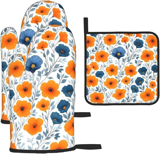 Spring Orange Blue Floral Oven Mitts and Pot Holders Sets of 3, Heat Resistant Non-Slip Burnt Orange Navy Flowers Kitchen Gloves Hot Pads for Cooking BBQ Grilling, Chef Baking Gifts for Women Baker by Unknown