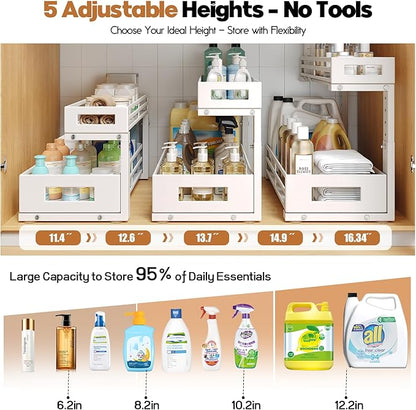 2-Pack 19"Deep Under Sink Organizer And Storage, 2-Tier L-Shaped Pull Out Cabinet Organizer with Upgraded Slide Rails, Height Adjustable Drawers for Kitchen&Bathroom, Extra-Large Storage Shelves–Gray - Image 7