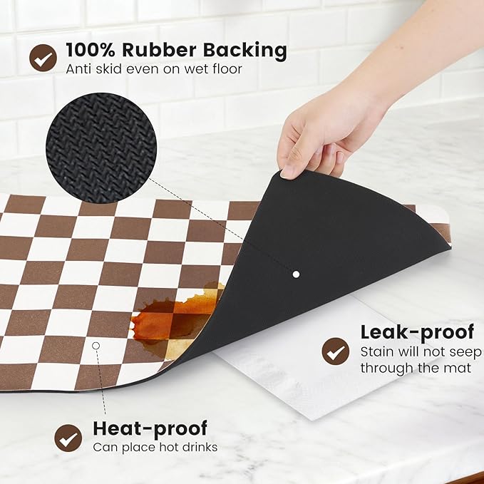 17" x 32" Checkered Dish Drying Mat for Kitchen Counter, Absorbent Coffee Bar Mat for Espresso Machine Coffee Countertops Accessories, Coffee Brown - Image 4