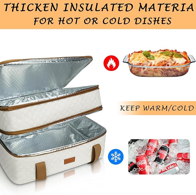Quilted Insulated Double Casserole Carrier - Thermal Lunch Tote for Potluck Parties, Picnic, Beach, Fits 9 x 18 Inches Baking Dish, Casserole Dish, Expandable (Beige)