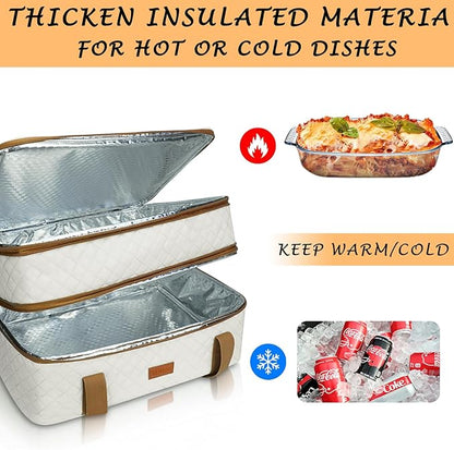 Quilted Insulated Double Casserole Carrier - Thermal Lunch Tote for Potluck Parties, Picnic, Beach, Fits 9 x 18 Inches Baking Dish, Casserole Dish, Expandable (Beige)