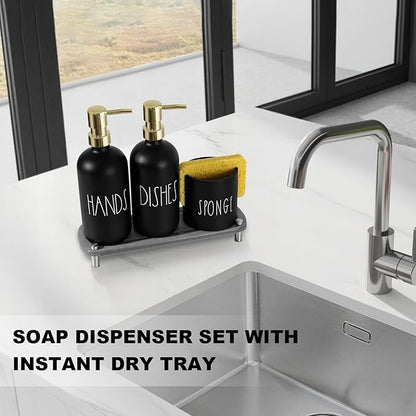 Kitchen Soap Dispenser Set, 16.9 fl oz Hand and Dish Soap Dispensers with Tray, Black and Gold Kitchen Soap Dispenser Set with Sponge Holder, Instant Dry Tray, Gold&Black