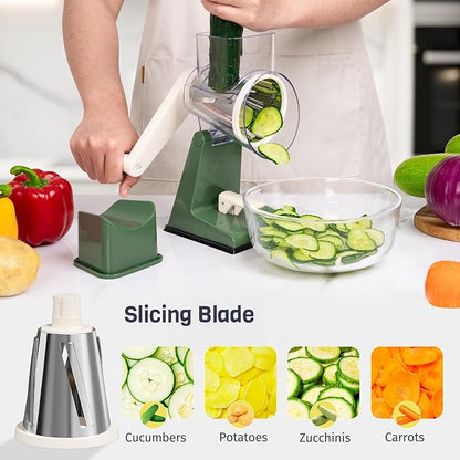 Upgraded Rotary Cheese Grater with 3 Interchangeable Stainless Steel Drums, One-Press Powerful Suction Manual Vegetable Shredder & Slicer for Kitchen, 15pcs Storage Bags Included, Olive Green