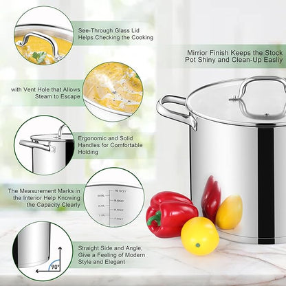 TeamFar 10QT Stock Pot, Stainless Steel Large Soup Cooking Pot & Lid with Tri-ply Bottom for Cooking/Boiling/Stewing, for Induction/Gas/Ceramic, Healthy & Heavy-Duty, Riveted Handles & Dishwasher Safe - Image 4
