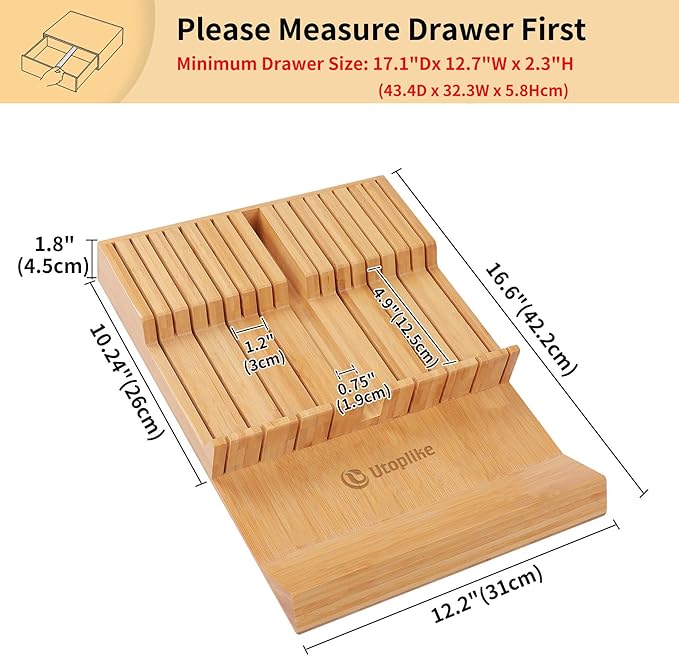 Utoplike In-drawer Knife Block Bamboo Kitchen Knife Drawer Organizer Large, handle Steak knife Holder without Knives, Fit for 16 Knife and 1 Sharpening Steel (Knives & Sharpening Not Included) - Image 3