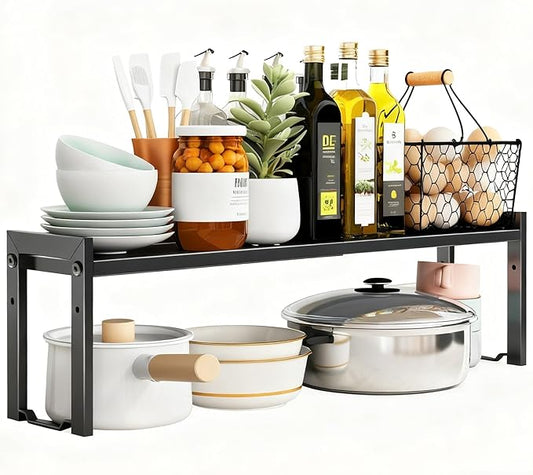 Expandable Cabinet Shelf Organizer 16-26" L Stackable Kitchen Counter Shelf Rack Sink Riser Countertop Storage Black (Normal 7.9”D)