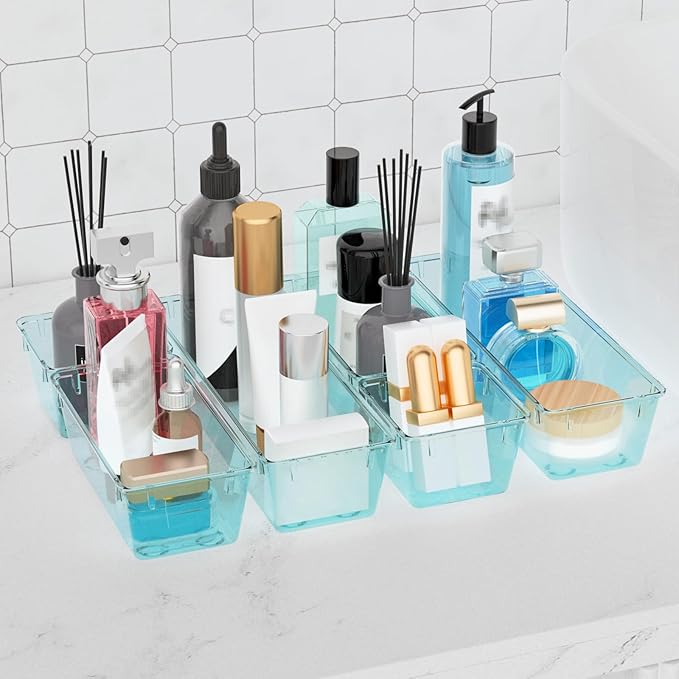 WOWBOX 6 Pack Clear Drawer Organizer Set, Acrylic Drawer Storage Trays, Storage Bins for Makeup, Cosmetics, Jewelries, Utensils, Gadgets, Office, Sea Blue - Image 5