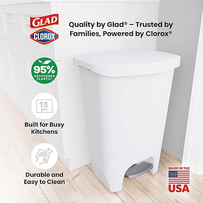Glad 13 Gallon Trash Can | Plastic Kitchen Waste Bin with Odor Protection of Lid | Hands Free with Step On Foot Pedal and Garbage Bag Rings, 13 Gallon, White - Image 6