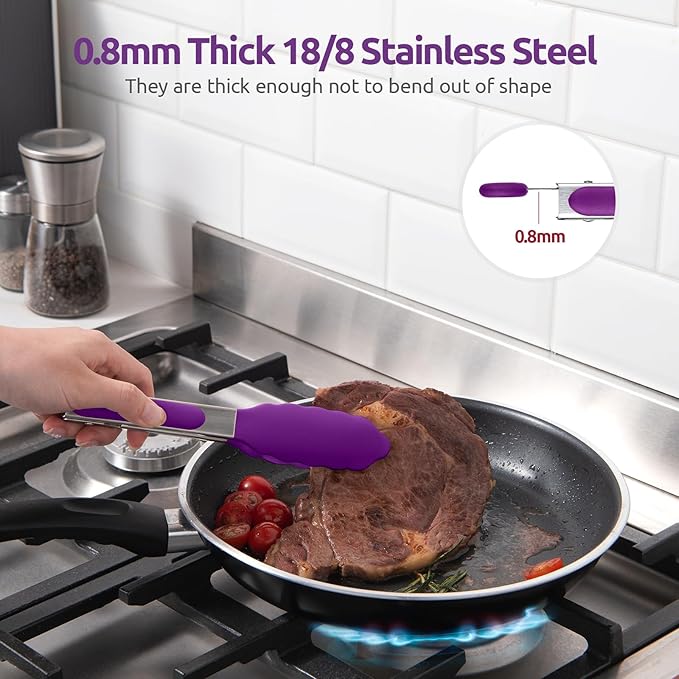 600ºF Heat Resistant Kitchen Tong: U-Taste 7 inch Silicone Cooking Tong with Firm Sealed Non Stick Rubber Tips & Silicon Coated 18/8 Stainless Steel Handle & Smooth Locking for Serving Salad (Purple) - Image 5