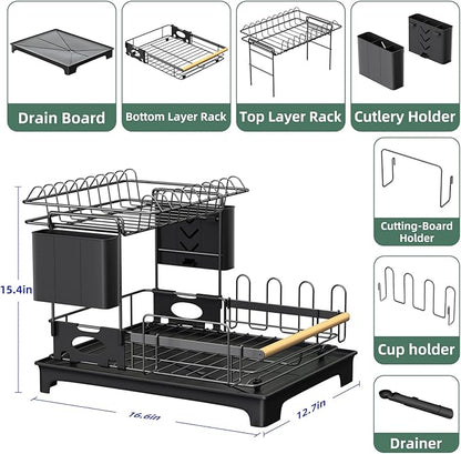 2-Tier Dish Rack with Drainboard: Large Capacity Anti-Rust Kitchen Counter Organizer with Cup, Utensil & Cutting Board Holders, Heavy Duty Dish Drying Rack, Black