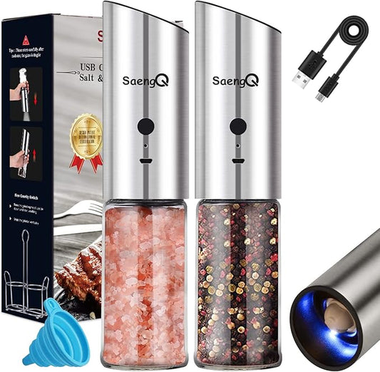 Electric Salt and Pepper Grinder Set - USB Rechargeable Gravity Salt and Pepper Shakers, Automatic Glass Mill with Adjustable Coarseness, LED Light, One-Hand Operation for Kitchen & Dining by SaengQ