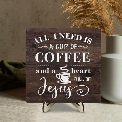 Coffee Bar Sign Plaque Decor-A Heart Full of Jesus,Cafe Bar Accessories,Christian Rustic Wooden Tabletop Plaque with Stand, Faith Scripture Mini Counter Sign for Kitchen Coffee Station Office 5.9x5.9 - Image 7