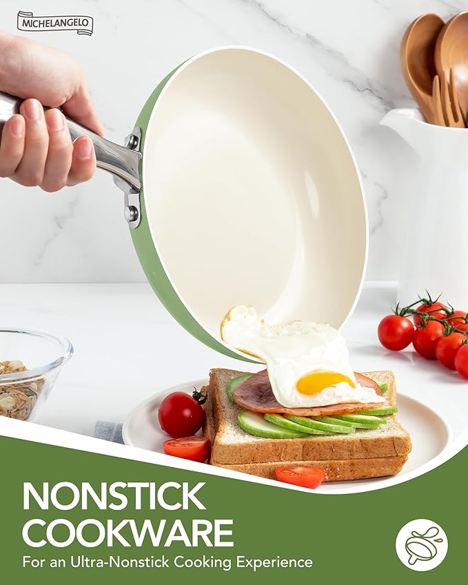 MICHELANGELO Pots and Pans Set Non Stick - Titanium Cookware Set Non Toxic Ceramic Coating, 8-Pcs Nonstick Pots and Pans with Ergonomic Handle, Dishwasher Safe & Induction Compatible, Green - Image 3