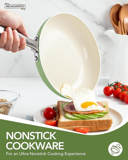 MICHELANGELO Pots and Pans Set Non Stick - Titanium Cookware Set Non Toxic Ceramic Coating, 8-Pcs Nonstick Pots and Pans with Ergonomic Handle, Dishwasher Safe & Induction Compatible, Green - Image 3