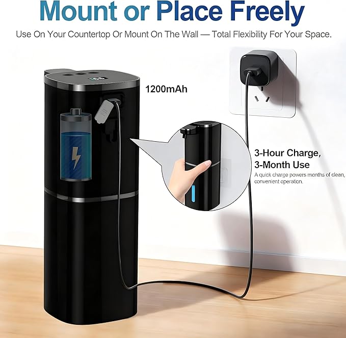 Automatic Liquid Soap Dispenser for Hand Soap & Dish Soap, 9-Level Adjustable Touchless Dispenser with LCD Display, Rechargeable 380mL, Wall Mount or Countertop Use for Kitchen Bathroom