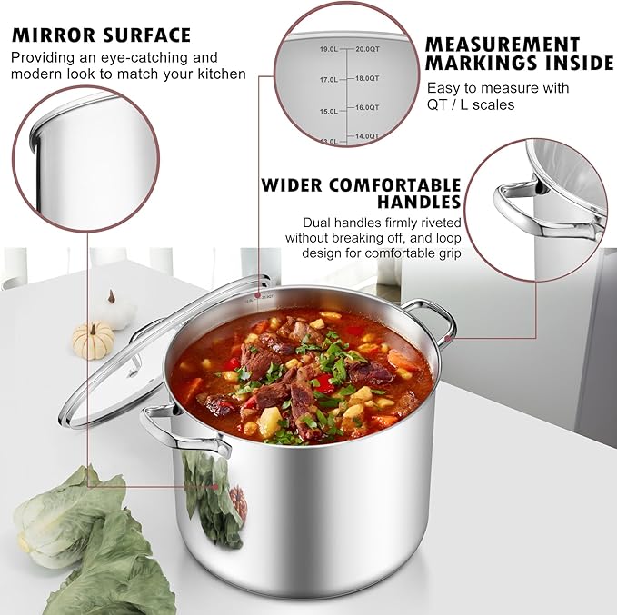 TeamFar 20QT Stock Pot, Stainless Steel Stockpot Large Induction Cooking Pot with Lid & Tri-ply Bottom, for Soup Seafood Cooking, Sauce Canning, Non Toxic & Heavy Duty, Various Stovetops Suitable - Image 3