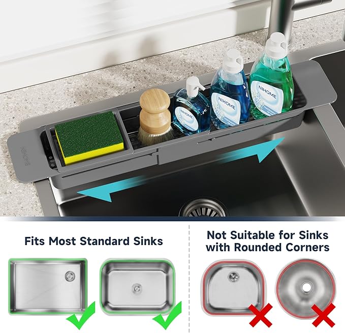 NiHome Extendable Sink Kitchen Organizer, Extra Long Telescopic Brush Storage Rack for Sponge, Non-Slip Pads Expandable Sink Caddy, Adjustable Brush Rack with Drainage Durable ABS (Dark Gray) - Image 5