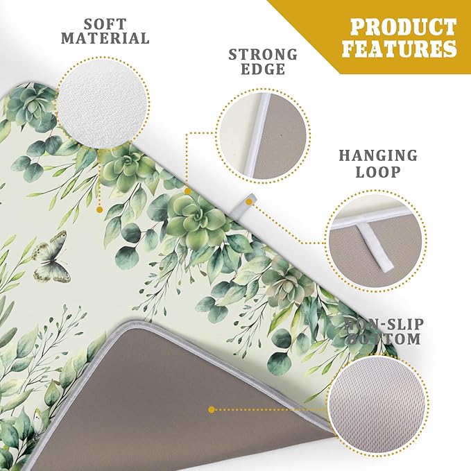 Giwawa Spring Summer Leaf Dish Drying Mat for Countertop, 18"x24" Eucalyptus Leaves Butterfly Dish Drainer Mats, Sage Green Fast Dry Microfiber Large Dish Drying Pad Decoration