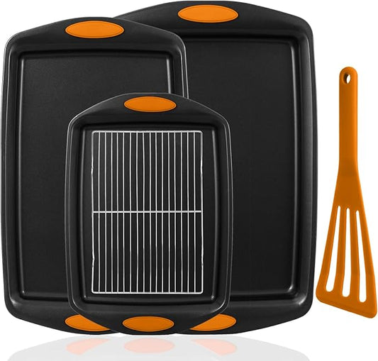 5-Piece Nonstick Baking Pans Set - Premium Carbon Steel Bakeware with PFOA/PFOS/PTFE-Free Coating, Red Silicone Handles (Black Orange) by Unknown