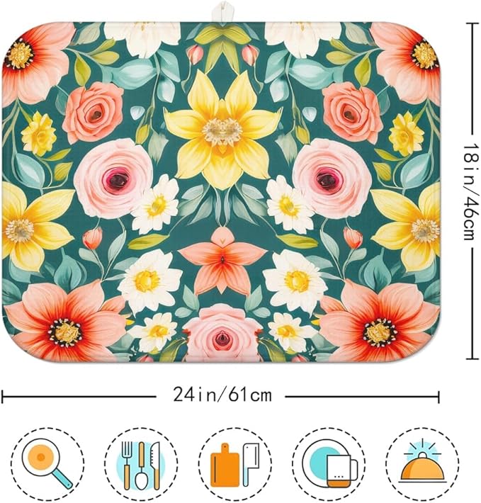Large Blue Floral Spring Dish Drying Mat for Kitchen Counter 18x24 Microfiber Absorbent - Foldable, Non-Slip, Compact Kitchen XL Drying Mats for Dishes, Countertops, and Cookware - Image 7