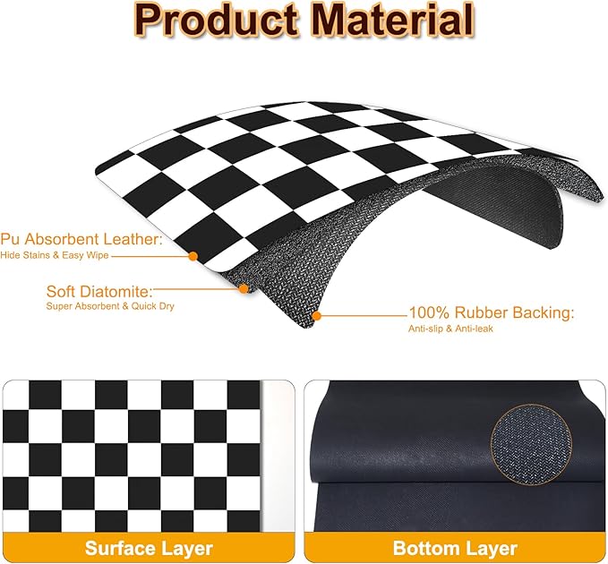 Dish Drying Mat for Kitchen Counter, 12" x 20" Checkered Coffee Bar Mat for Espresso Machine, Absorbent and Stain-Resistant Countertop Protector, Non-Slip Rubber Back Drying Pad, Black & White