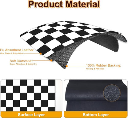 Dish Drying Mat for Kitchen Counter, 12" x 20" Checkered Coffee Bar Mat for Espresso Machine, Absorbent and Stain-Resistant Countertop Protector, Non-Slip Rubber Back Drying Pad, Black & White