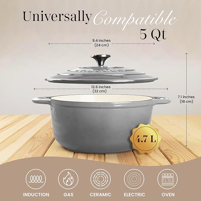 Cast Iron Pot with Lid – Non-Stick Ovenproof Enamelled Casserole Pot, Oven Safe up to 500° F – Sturdy Dutch Oven Cookware – Grey, 5-Quart, 24cm – by Nuovva - Image 2