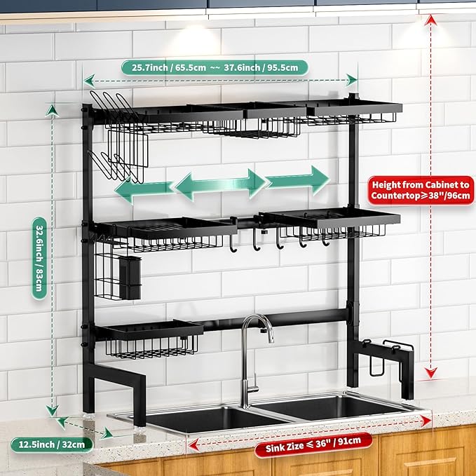 Over The Sink Dish Drying Rack,Expandable Length 3-Tier Large Stainless Steel Over The Sink Dish Rack with 6 Baskets, Utensil Holder Dish Drainers for Kitchen Counter - Image 7